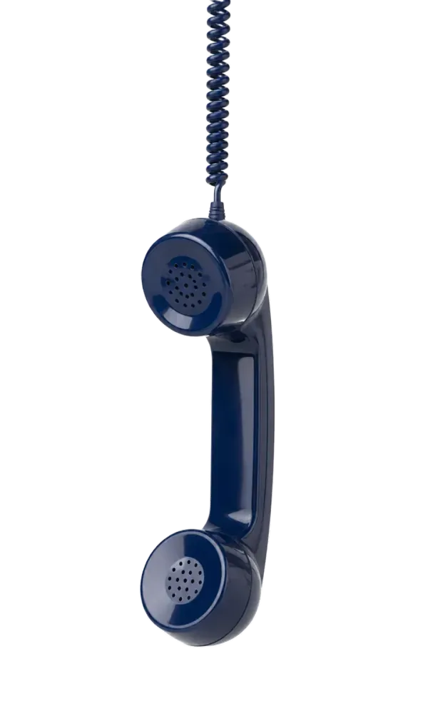 Navy telephone receiver hanging from a coiled cord - tap or hover to ring